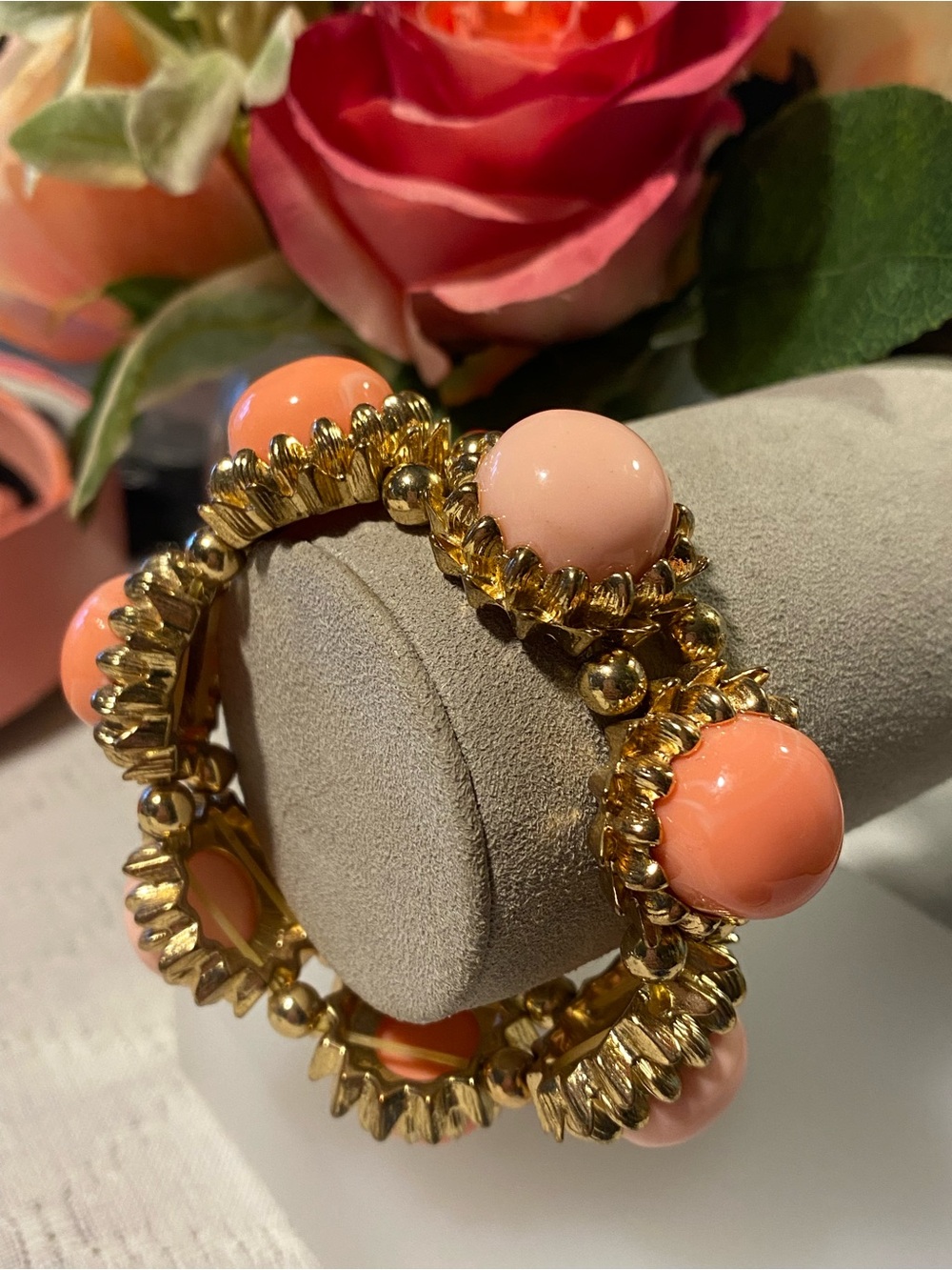 Vintage Gold-Tone Bracelet with Coral and Blush Lucite Cabochons